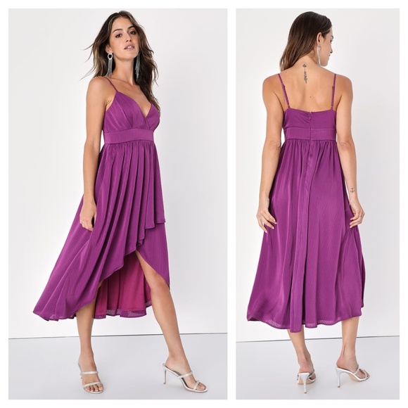 Lulu's Beaming with Bliss Purple Striped Faux-Wrap Midi Dress - Picture 1 of 6